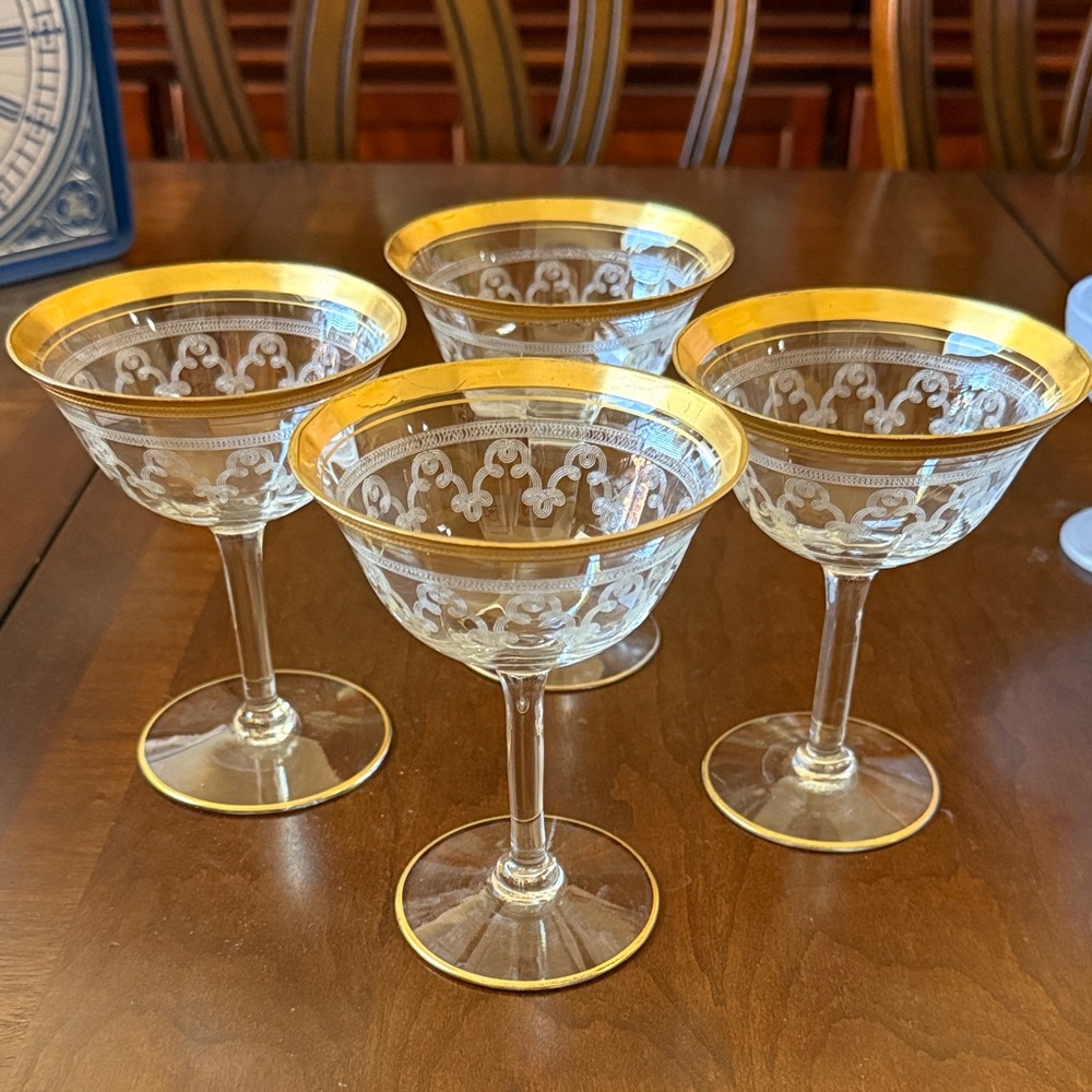 1920-30 Tiffin Franciscan gold trim crystal champagne coupe sorbet 4 glasses